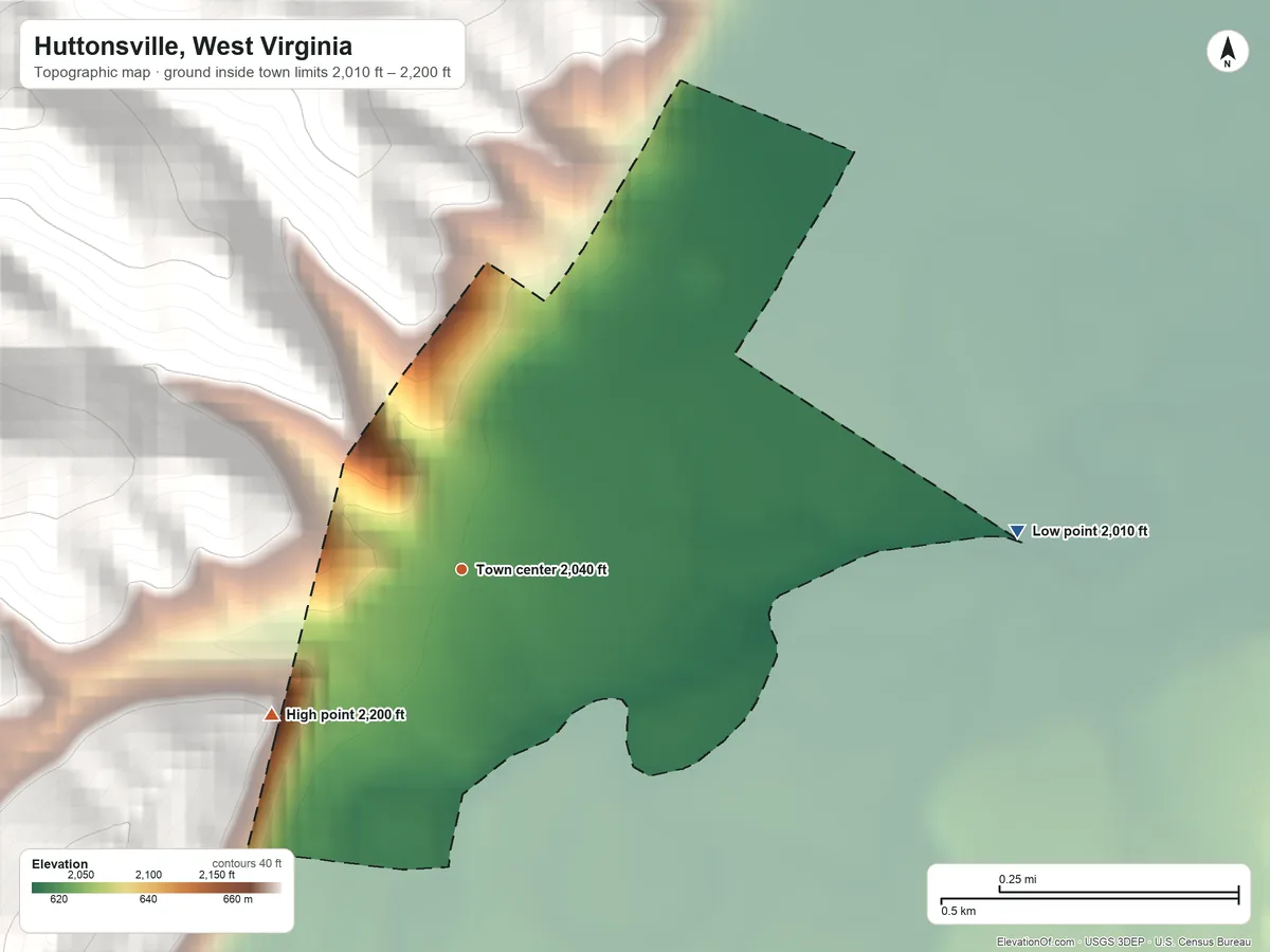 Topographic elevation map of Huttonsville, West Virginia, shaded from 2,010 ft on the east side to 2,200 ft on the southwest edge, below higher ground just outside