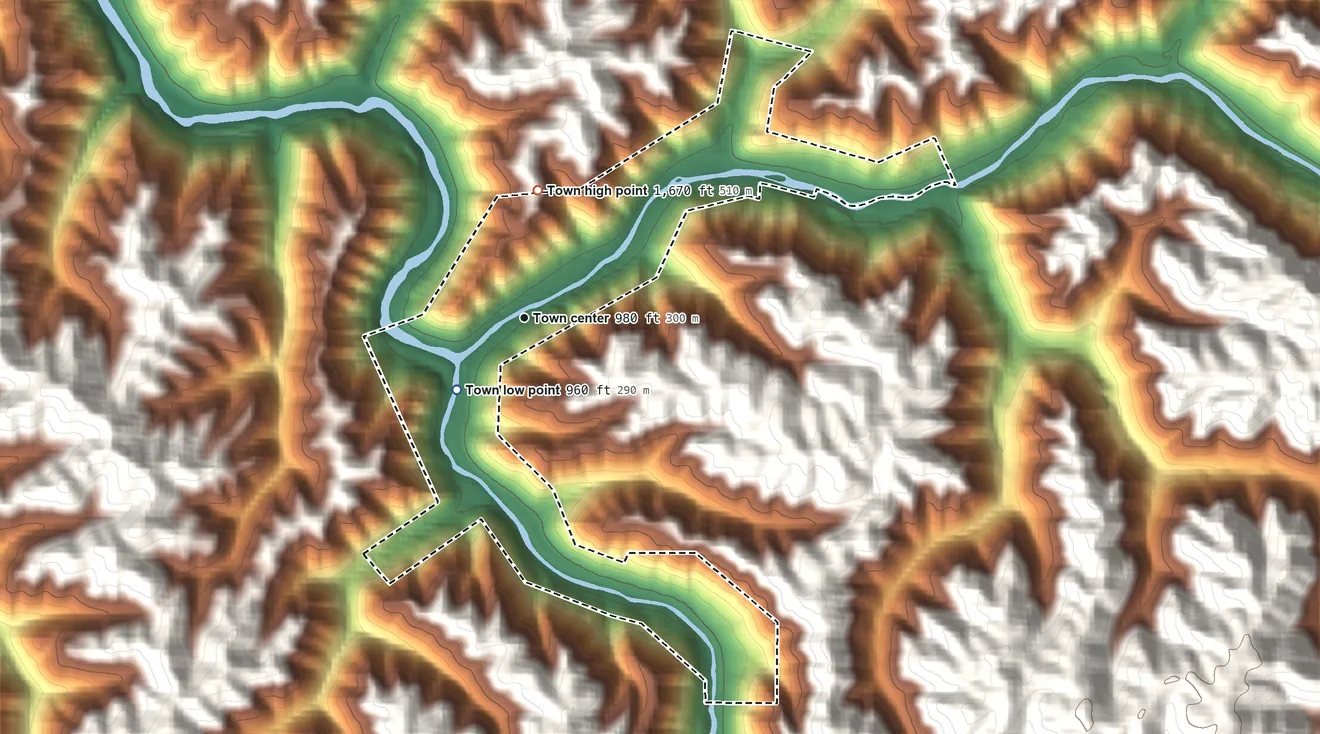 Topographic elevation map of Iaeger, West Virginia, shaded from 960 ft on the southwest side to 1,670 ft on the north side