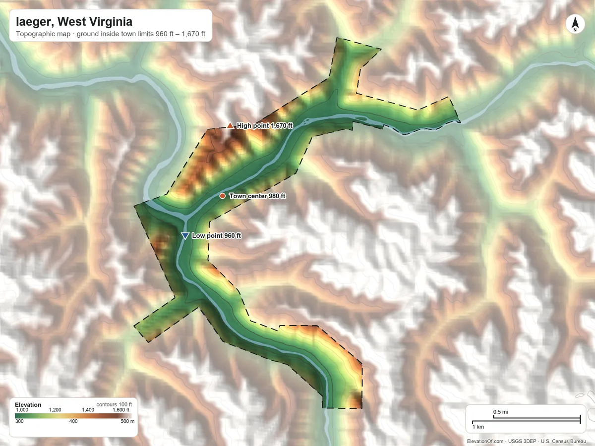 Topographic elevation map of Iaeger, West Virginia, shaded from 960 ft on the southwest side to 1,670 ft on the north side