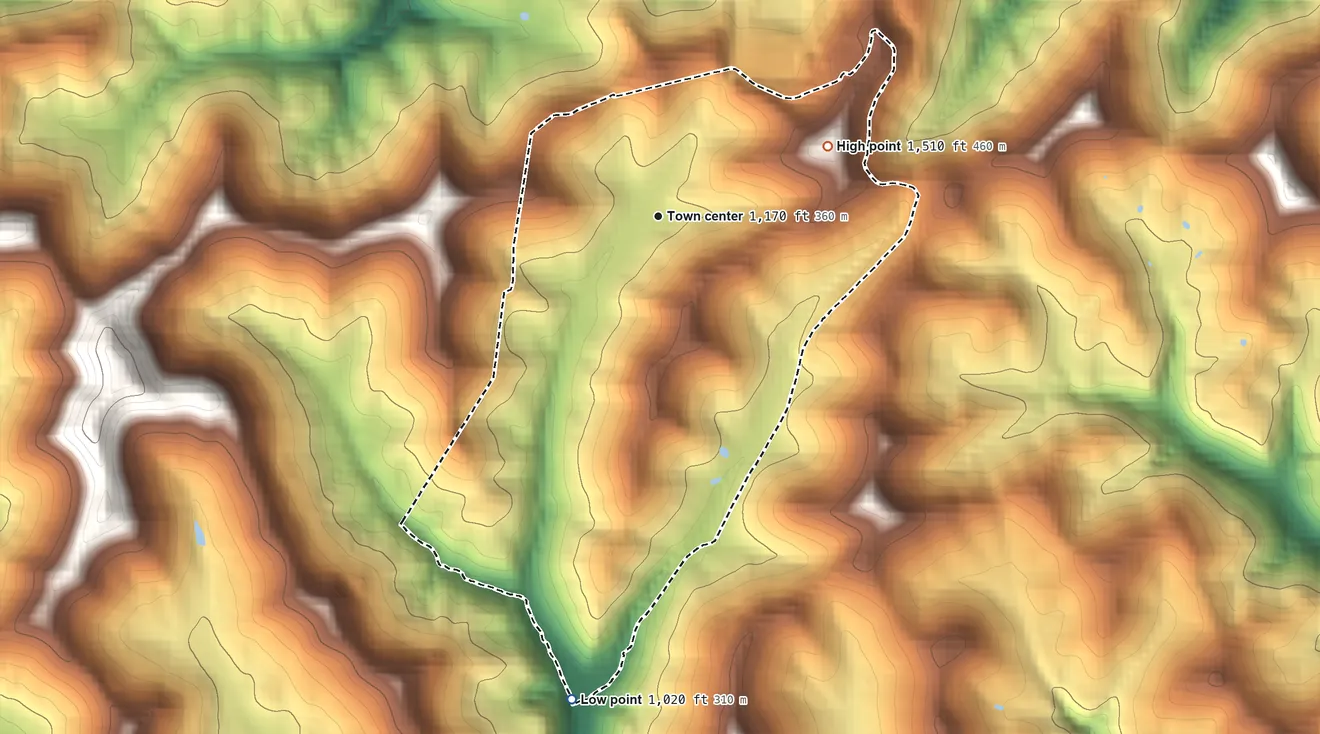 Topographic elevation map of Idamay, West Virginia, shaded from 1,020 ft on the south side to 1,510 ft on the east side