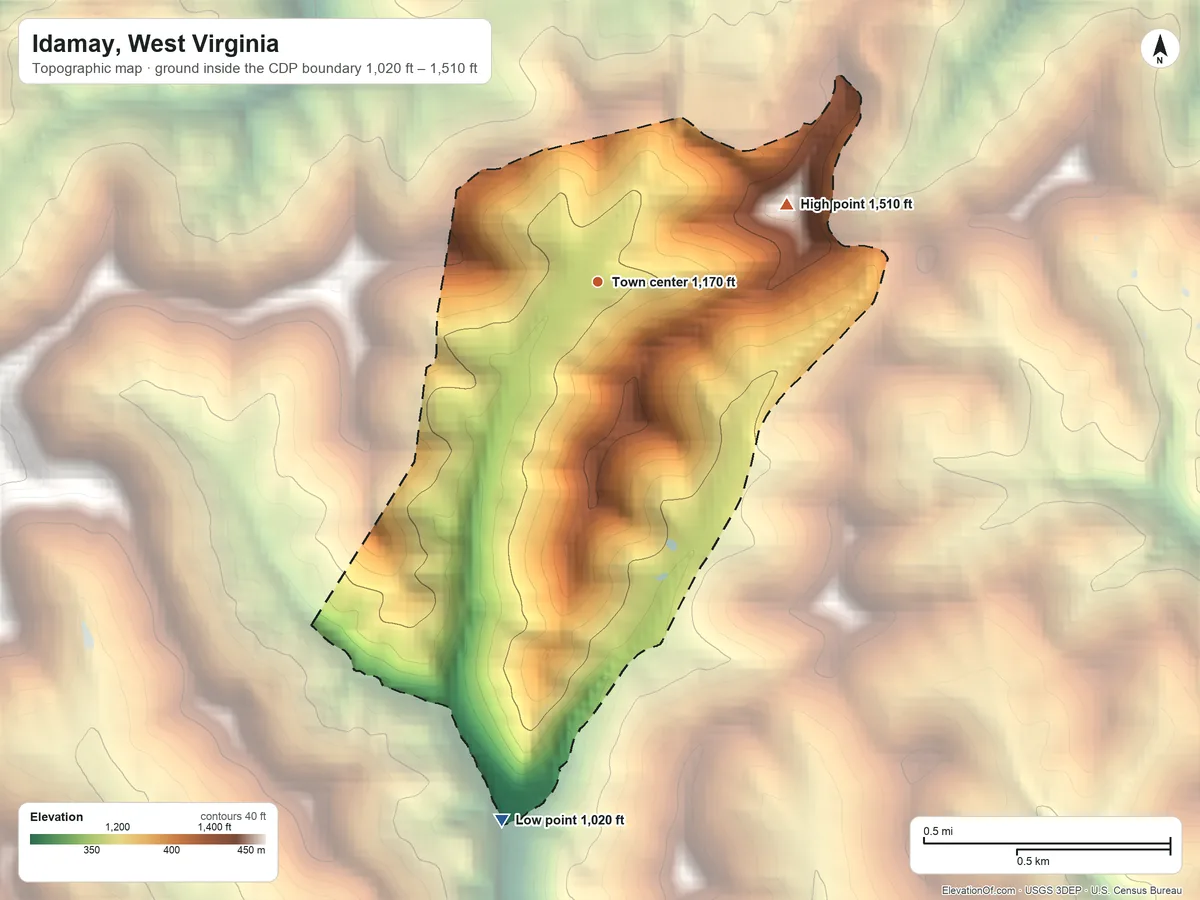 Topographic elevation map of Idamay, West Virginia, shaded from 1,020 ft on the south side to 1,510 ft on the east side