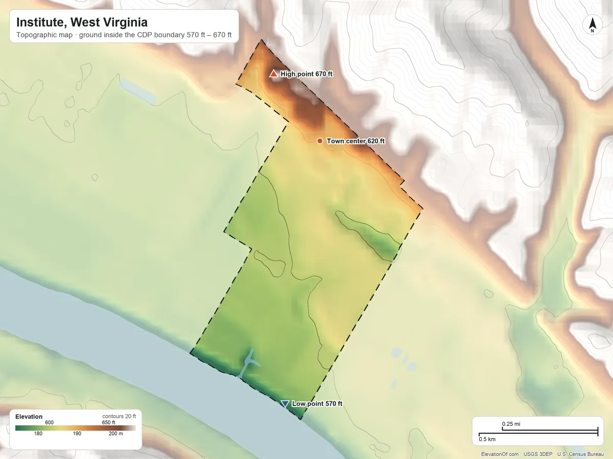 Topographic elevation map of Institute, West Virginia, shaded from 570 ft on the south side to 670 ft on the northwest edge, below higher ground just outside