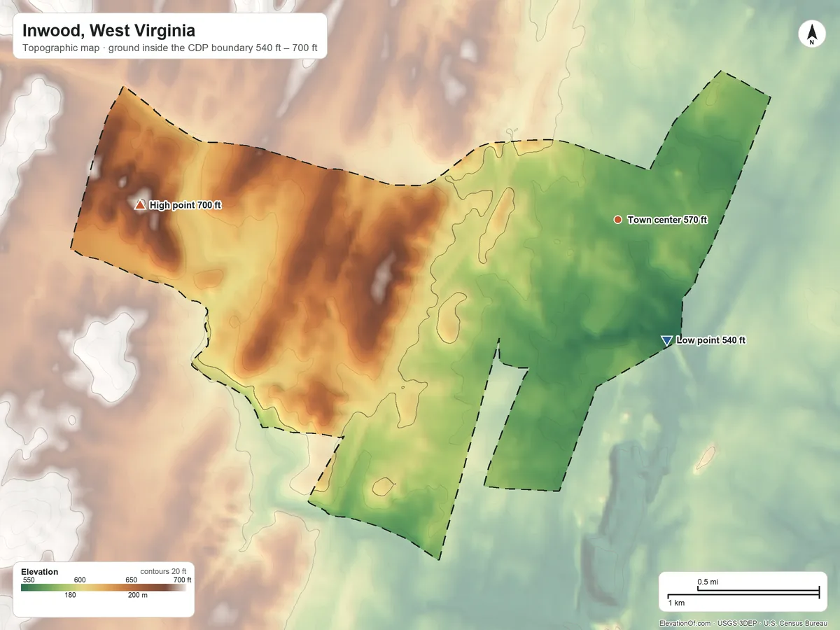 Topographic elevation map of Inwood, West Virginia, shaded from 540 ft on the south side to 700 ft on the west side