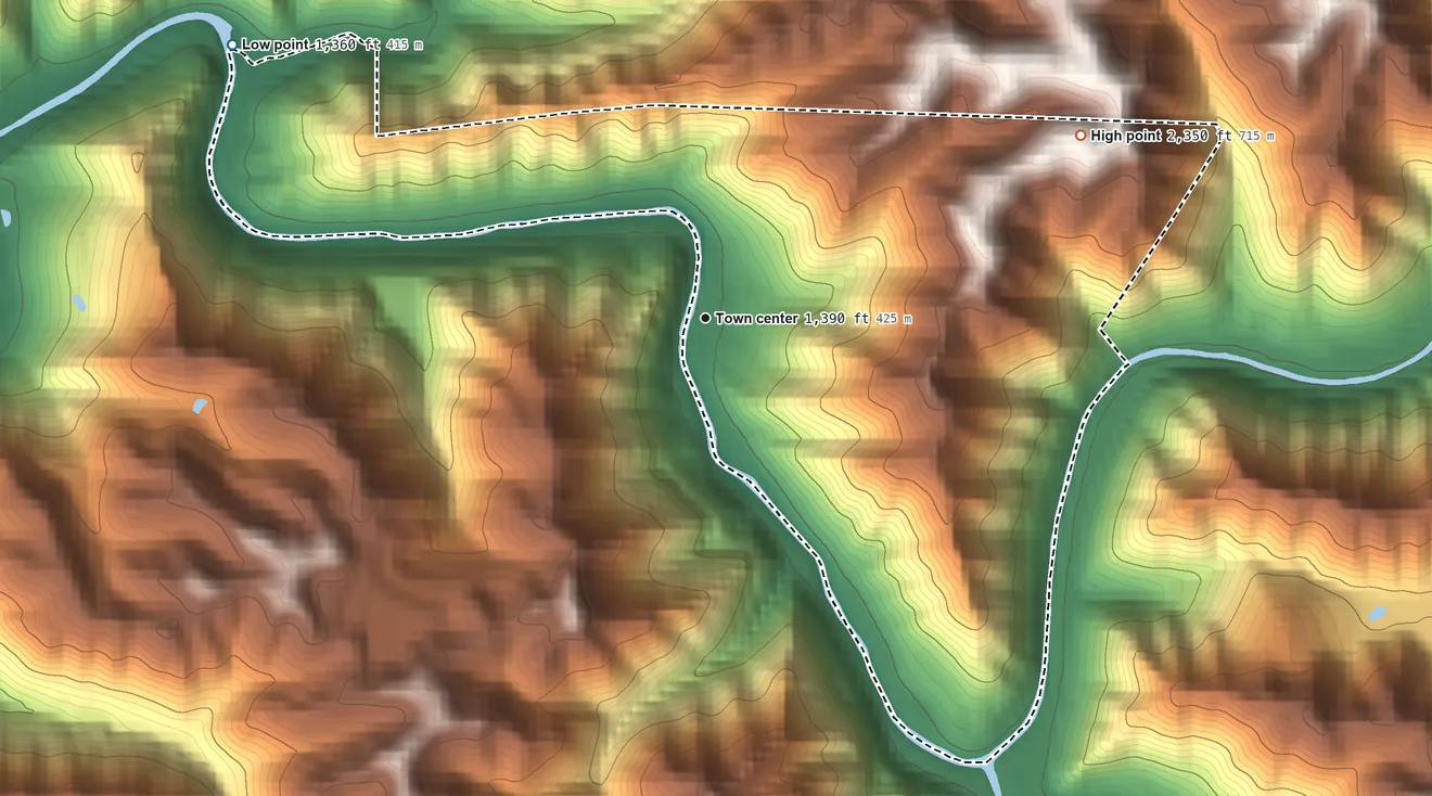 Topographic elevation map of Itmann, West Virginia, shaded from 1,360 ft on the northwest side to 2,350 ft on the northeast side