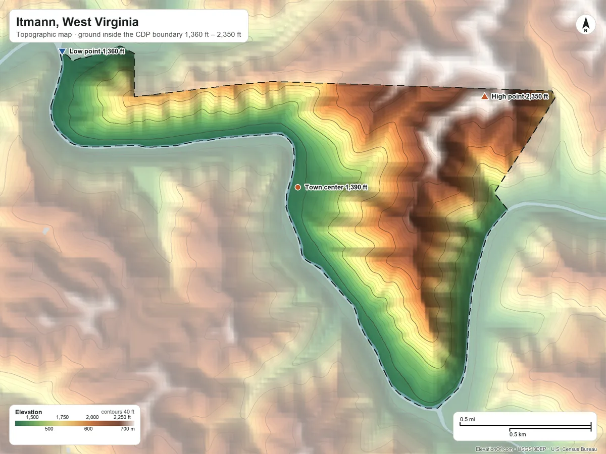 Topographic elevation map of Itmann, West Virginia, shaded from 1,360 ft on the northwest side to 2,350 ft on the northeast side