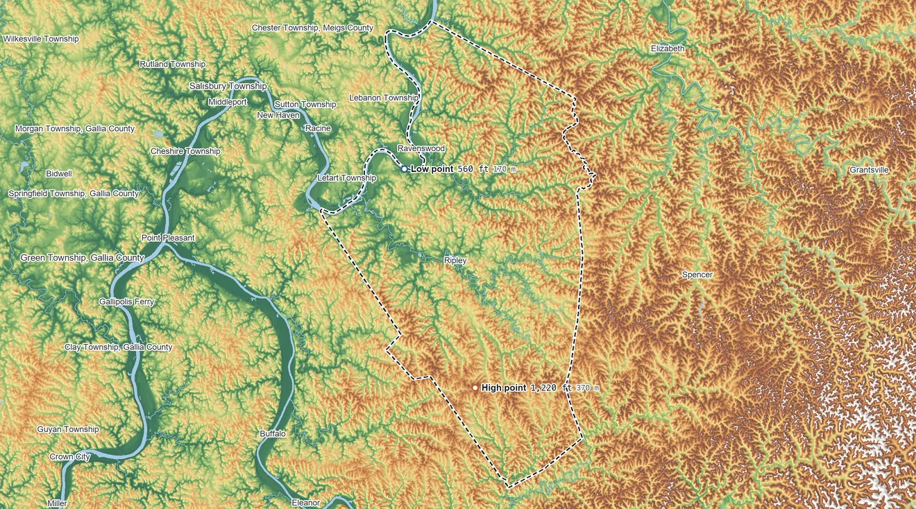 Topographic elevation map of Jackson County, West Virginia, shaded from 560 ft on the northwest side to 1,220 ft on Garnes Knob