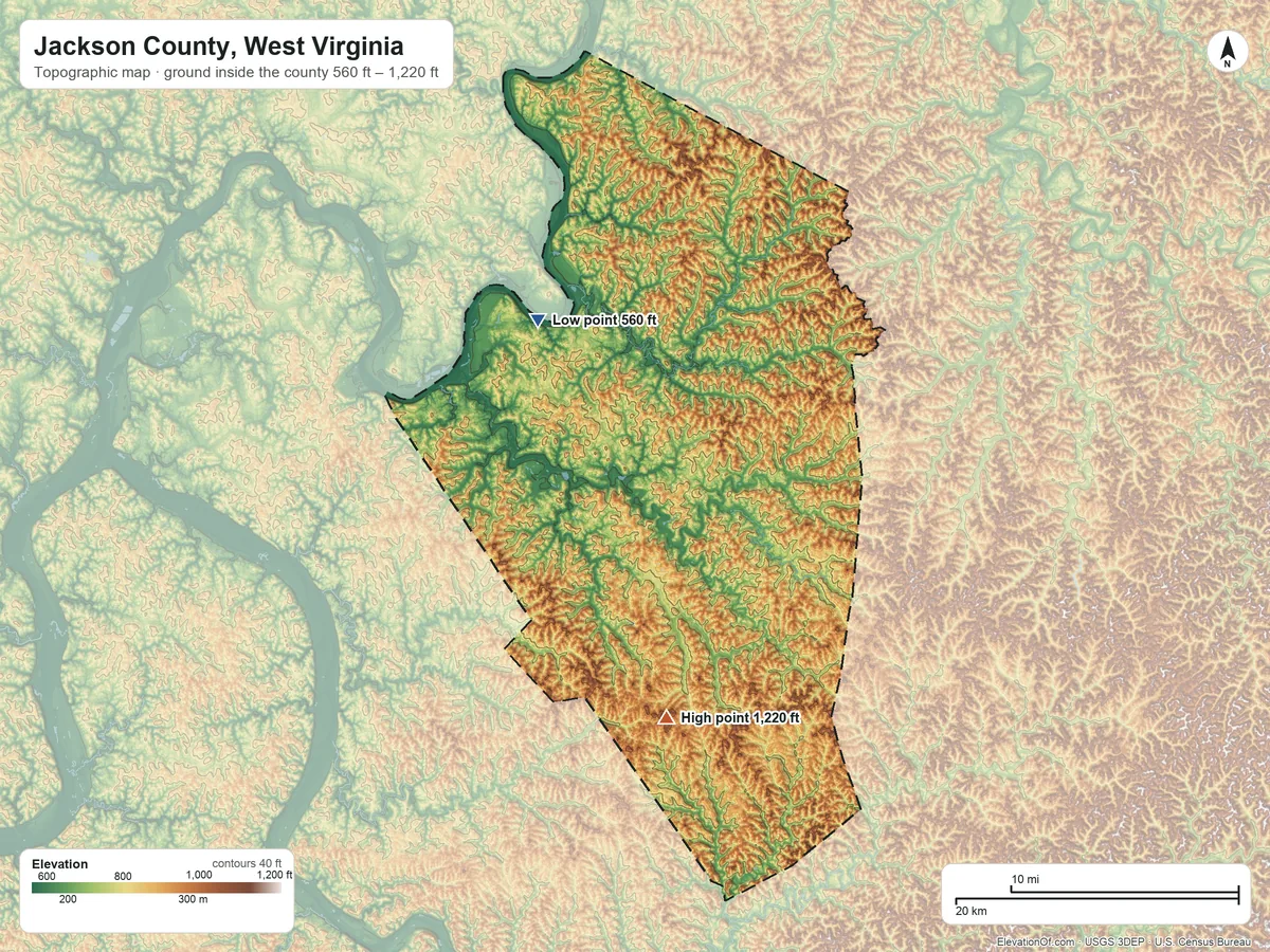 Topographic elevation map of Jackson County, West Virginia, shaded from 560 ft on the northwest side to 1,220 ft on Garnes Knob