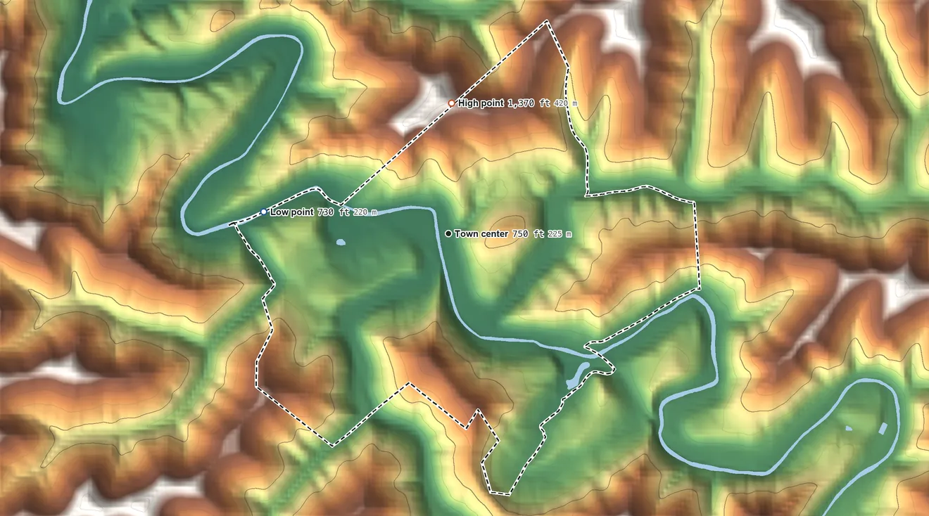 Topographic elevation map of Jacksonburg, West Virginia, shaded from 730 ft on the west side to 1,370 ft on the north edge, below higher ground just outside