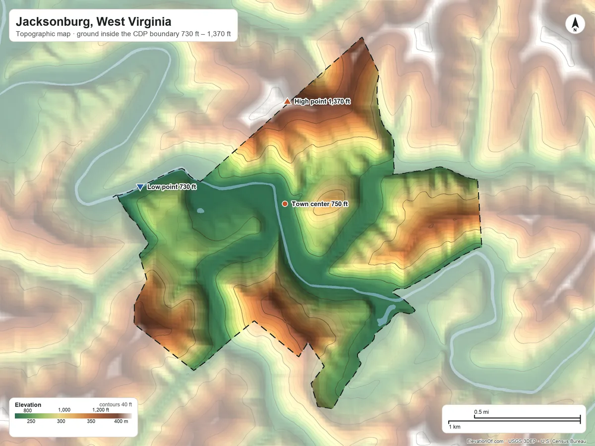 Topographic elevation map of Jacksonburg, West Virginia, shaded from 730 ft on the west side to 1,370 ft on the north edge, below higher ground just outside