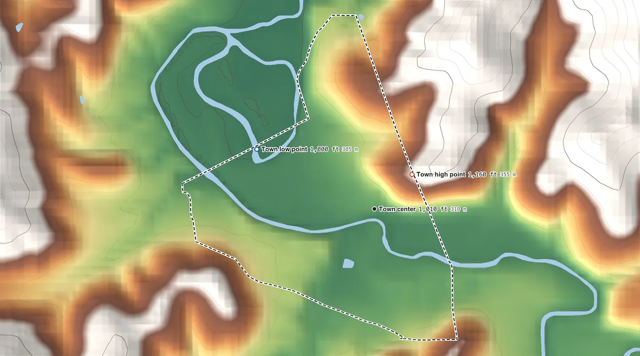 Topographic elevation map of Jane Lew, West Virginia, shaded from 1,000 ft on the northwest side to 1,160 ft on the northeast edge, below higher ground just outside