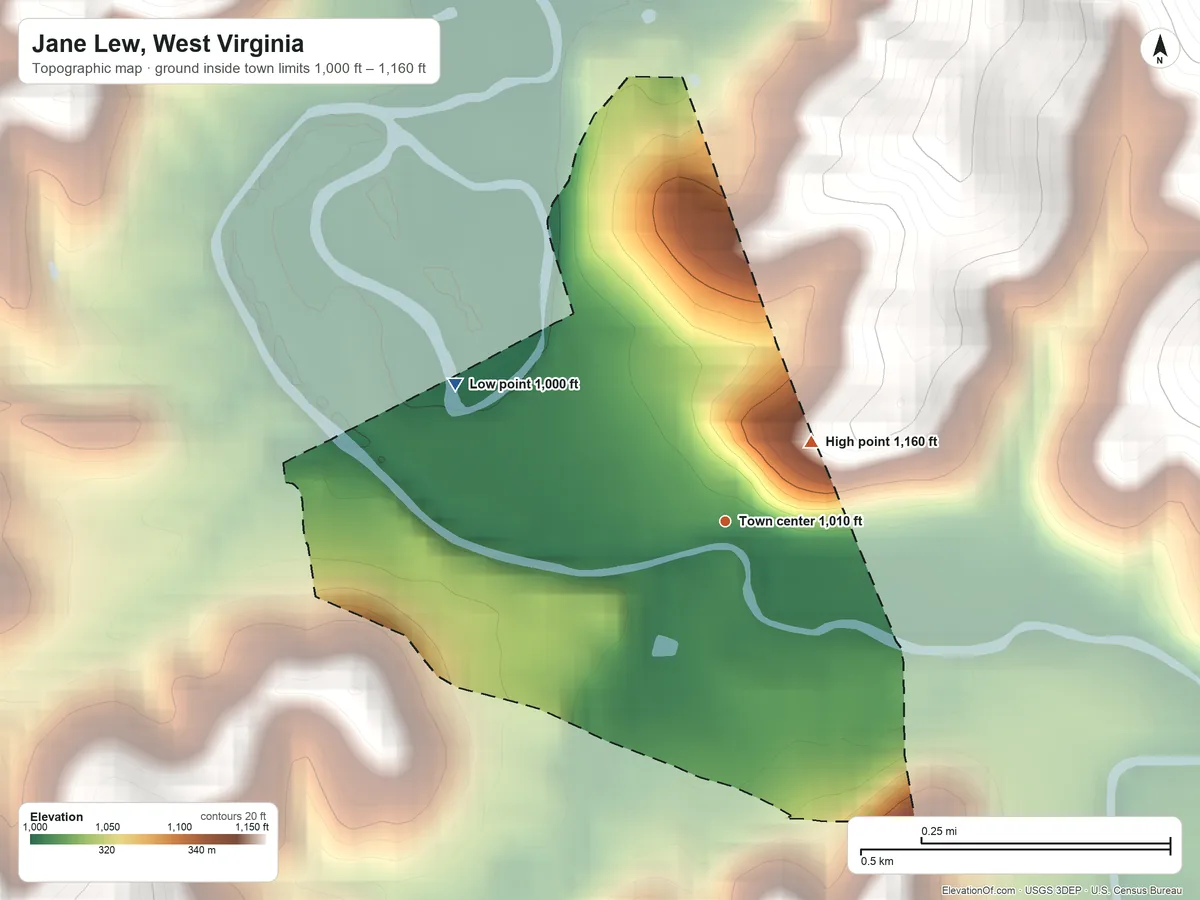 Topographic elevation map of Jane Lew, West Virginia, shaded from 1,000 ft on the northwest side to 1,160 ft on the northeast edge, below higher ground just outside