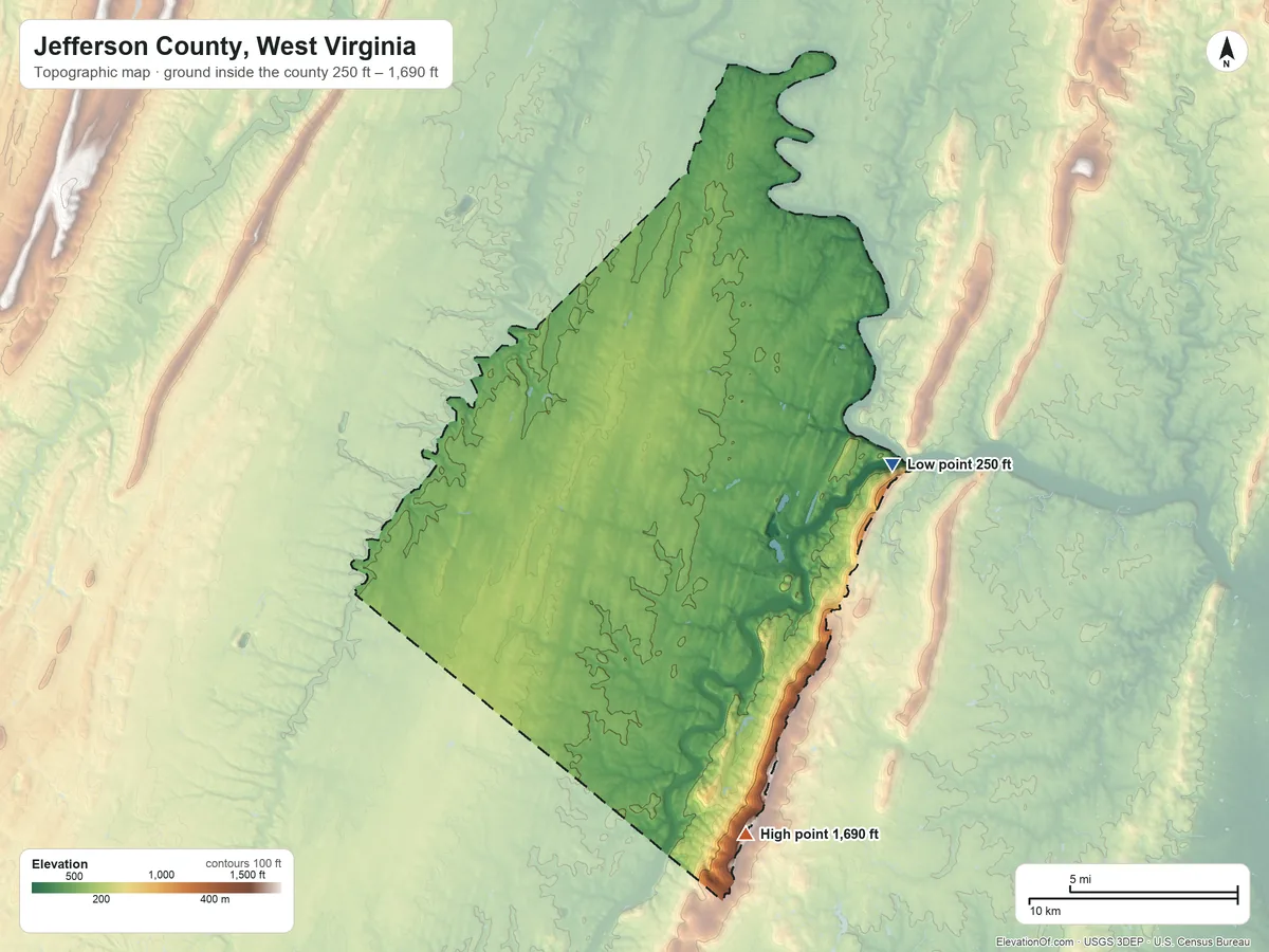 Topographic elevation map of Jefferson County, West Virginia, shaded from 250 ft on the east side to 1,690 ft on the south side