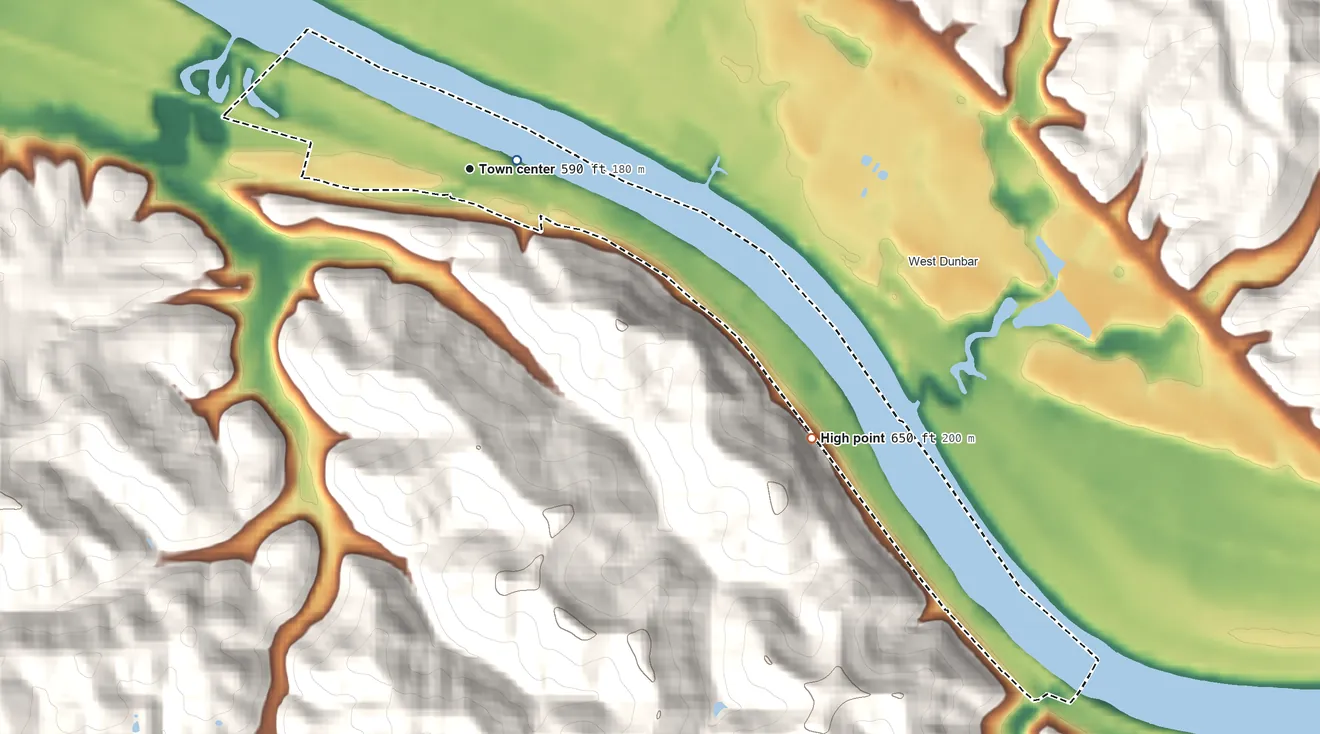 Topographic elevation map of Jefferson, West Virginia, shaded from 570 ft near the middle to 650 ft on the southeast edge, below higher ground just outside