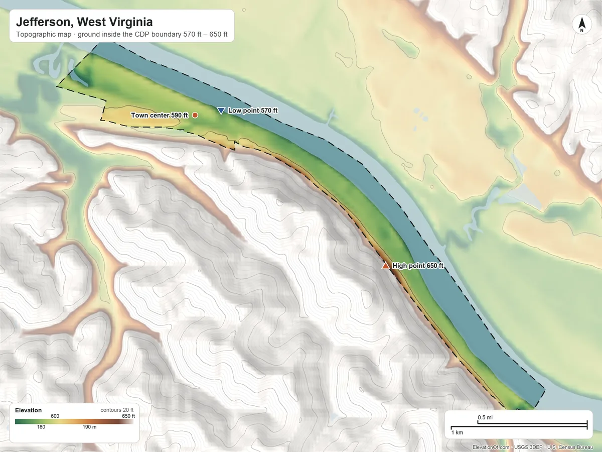 Topographic elevation map of Jefferson, West Virginia, shaded from 570 ft near the middle to 650 ft on the southeast edge, below higher ground just outside