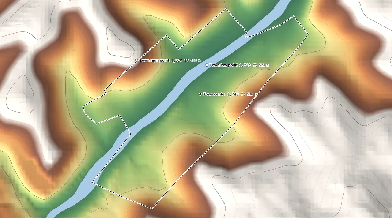 Topographic elevation map of Junior, West Virginia, shaded from 1,710 ft near the middle to 1,970 ft on the northwest side