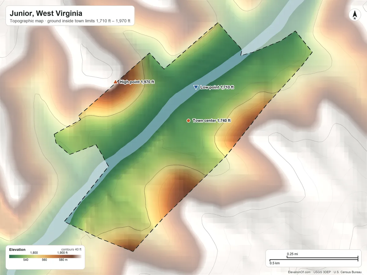 Topographic elevation map of Junior, West Virginia, shaded from 1,710 ft near the middle to 1,970 ft on the northwest side