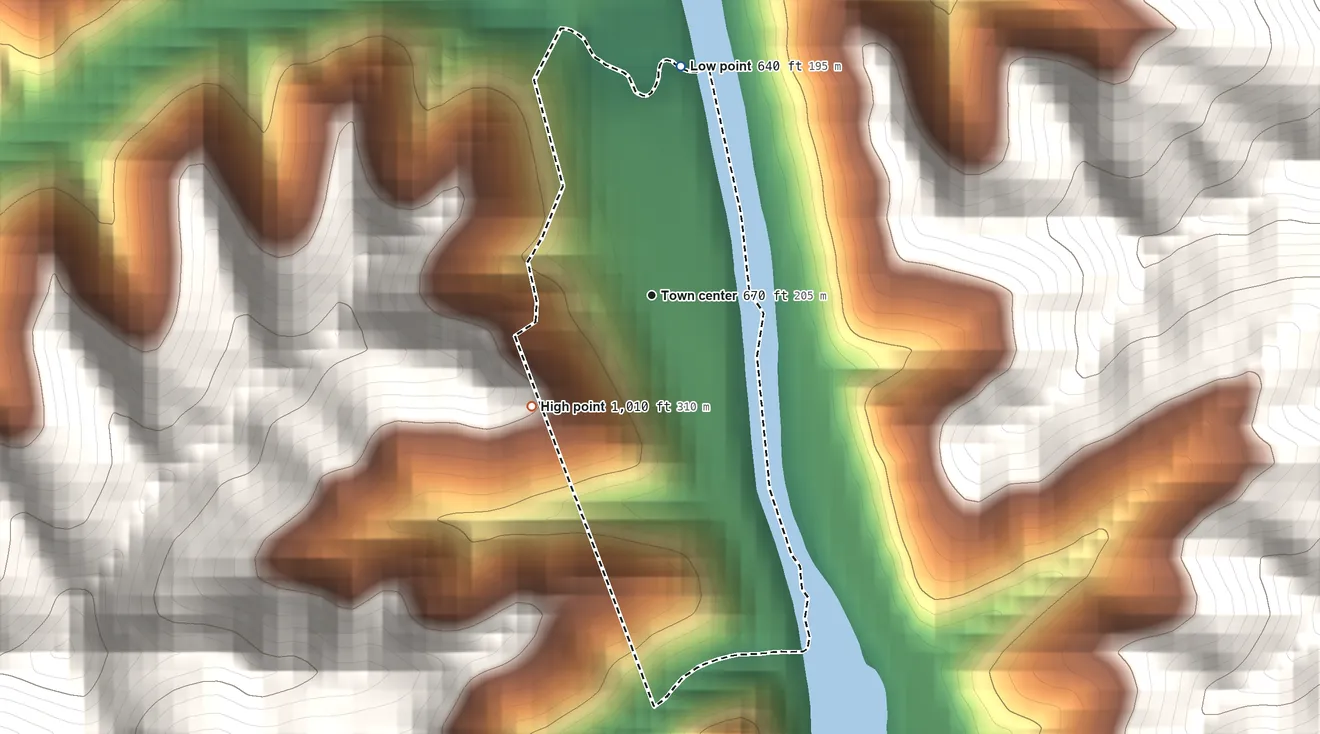 Topographic elevation map of Justice Addition, West Virginia, shaded from 640 ft on the north side to 1,010 ft on the southwest edge, below higher ground just outside