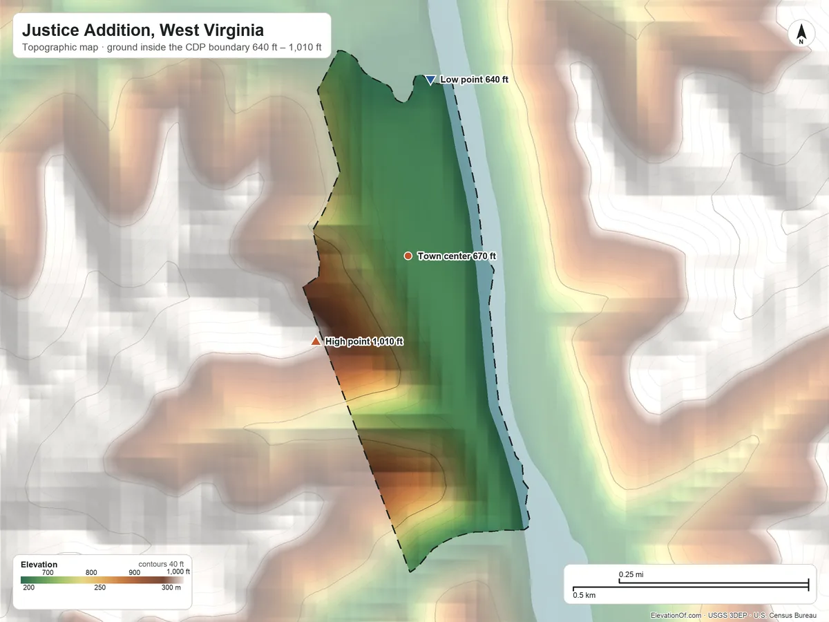 Topographic elevation map of Justice Addition, West Virginia, shaded from 640 ft on the north side to 1,010 ft on the southwest edge, below higher ground just outside