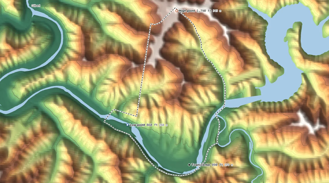 Topographic elevation map of Justice, West Virginia, shaded from 860 ft on the northwest side to 1,790 ft at the foot of the Huff Mountain