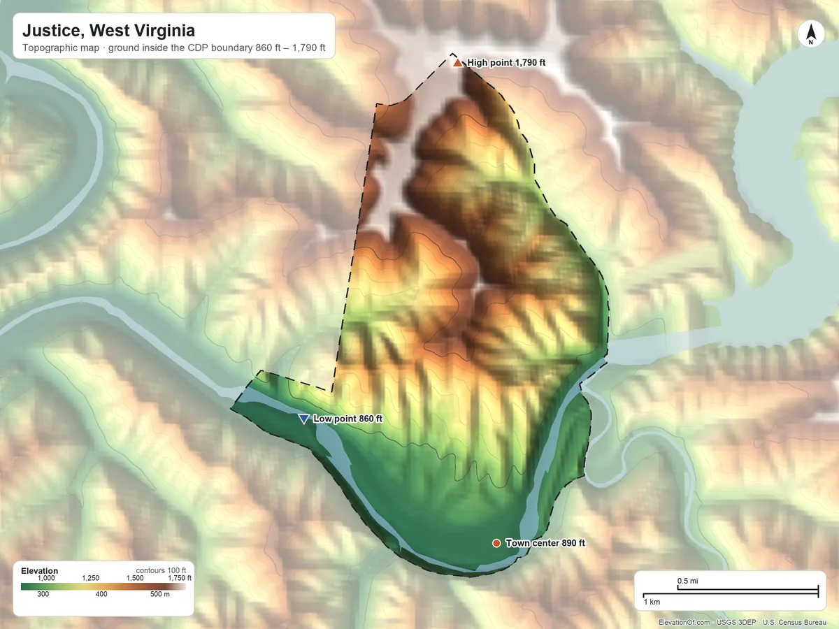Topographic elevation map of Justice, West Virginia, shaded from 860 ft on the northwest side to 1,790 ft at the foot of the Huff Mountain