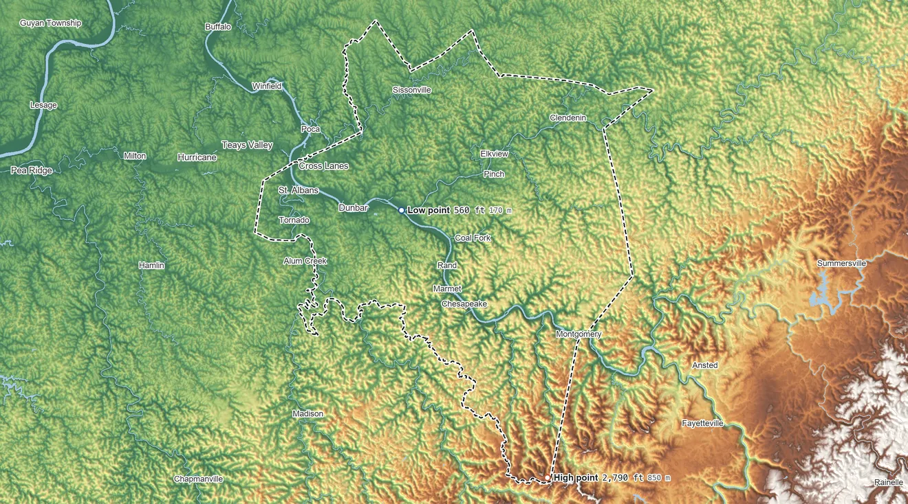 Topographic elevation map of Kanawha County, West Virginia, shaded from 560 ft on the northwest side to 2,790 ft on the southeast side