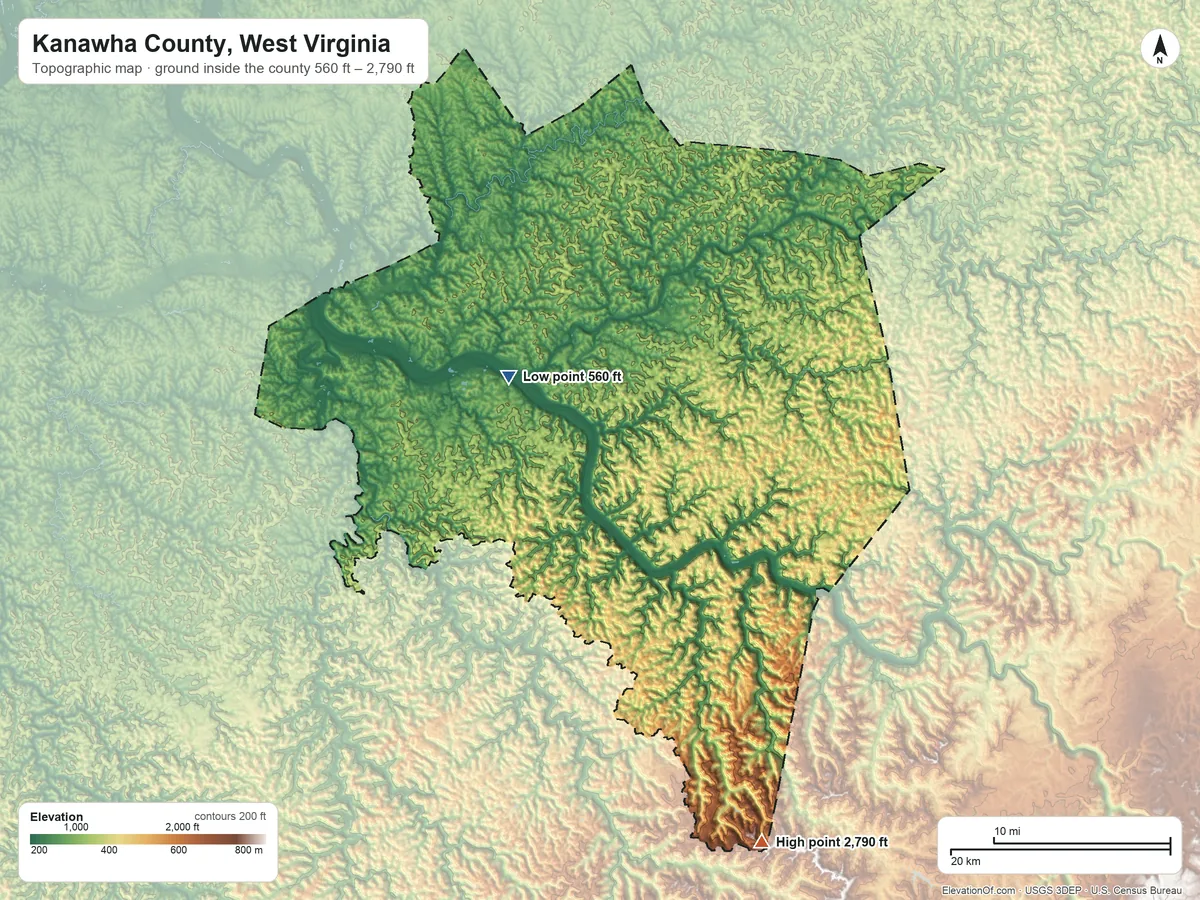 Topographic elevation map of Kanawha County, West Virginia, shaded from 560 ft on the northwest side to 2,790 ft on the southeast side