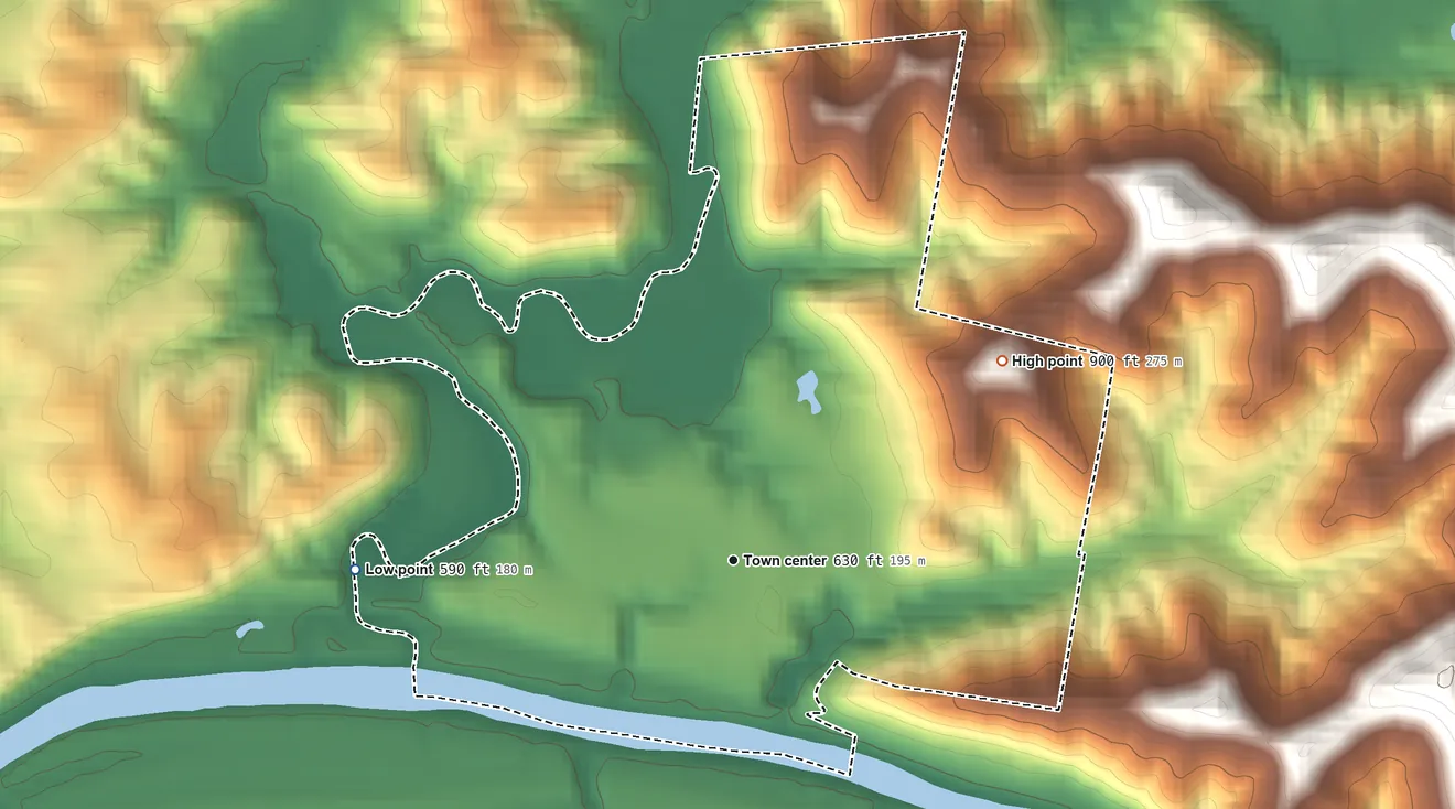 Topographic elevation map of Kanawha, West Virginia, shaded from 590 ft on the west side to 900 ft on the northeast side