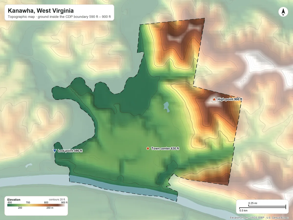 Topographic elevation map of Kanawha, West Virginia, shaded from 590 ft on the west side to 900 ft on the northeast side