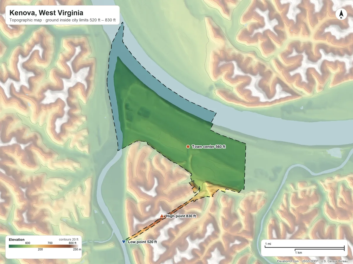 Topographic elevation map of Kenova, West Virginia, shaded from 520 ft on the southwest side to 830 ft on the south side