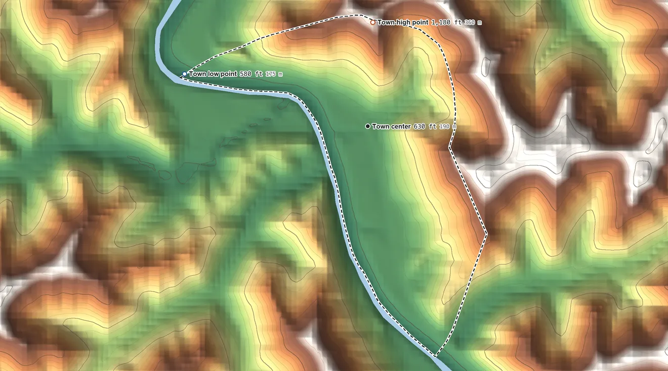 Topographic elevation map of Kermit, West Virginia, shaded from 580 ft on the west side to 1,180 ft on the north side