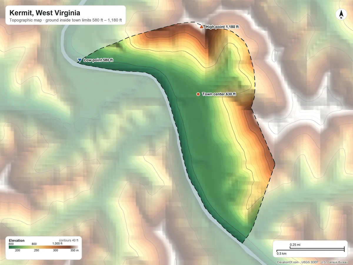 Topographic elevation map of Kermit, West Virginia, shaded from 580 ft on the west side to 1,180 ft on the north side