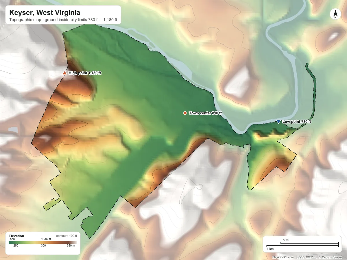 Topographic elevation map of Keyser, West Virginia, shaded from 780 ft on the east side to 1,180 ft on the west edge, below higher ground just outside