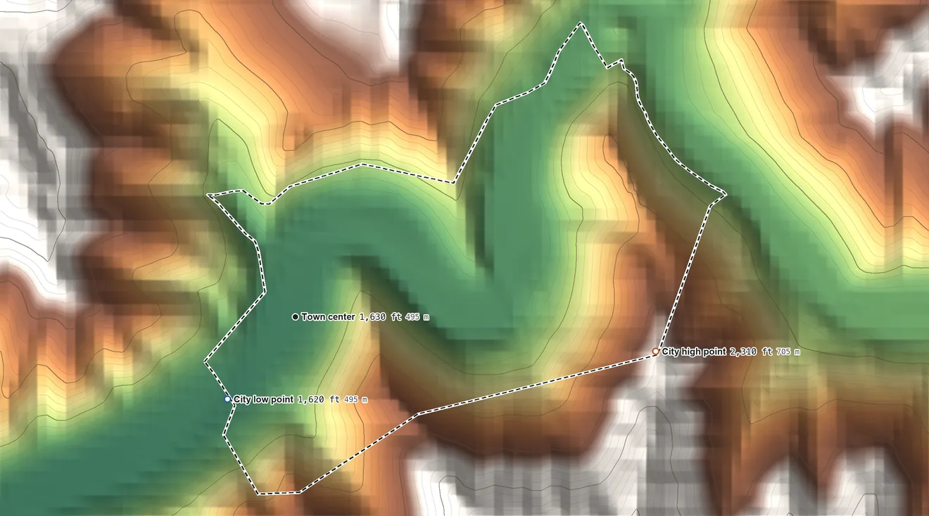 Topographic elevation map of Keystone, West Virginia, shaded from 1,620 ft on the southwest side to 2,310 ft on the east edge, below higher ground just outside