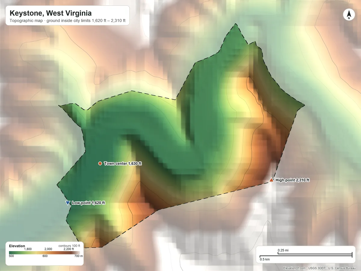 Topographic elevation map of Keystone, West Virginia, shaded from 1,620 ft on the southwest side to 2,310 ft on the east edge, below higher ground just outside