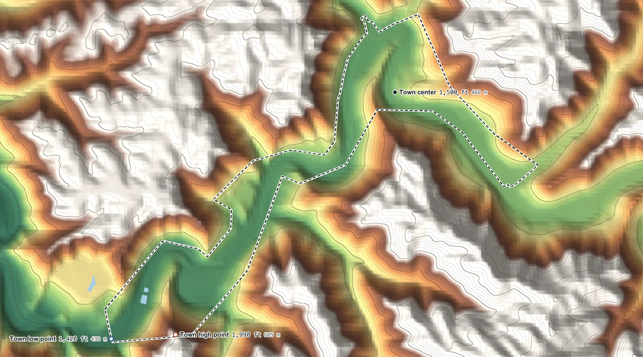 Topographic elevation map of Kimball, West Virginia, shaded from 1,420 ft on the southwest side to 1,990 ft on the southwest edge, below higher ground just outside