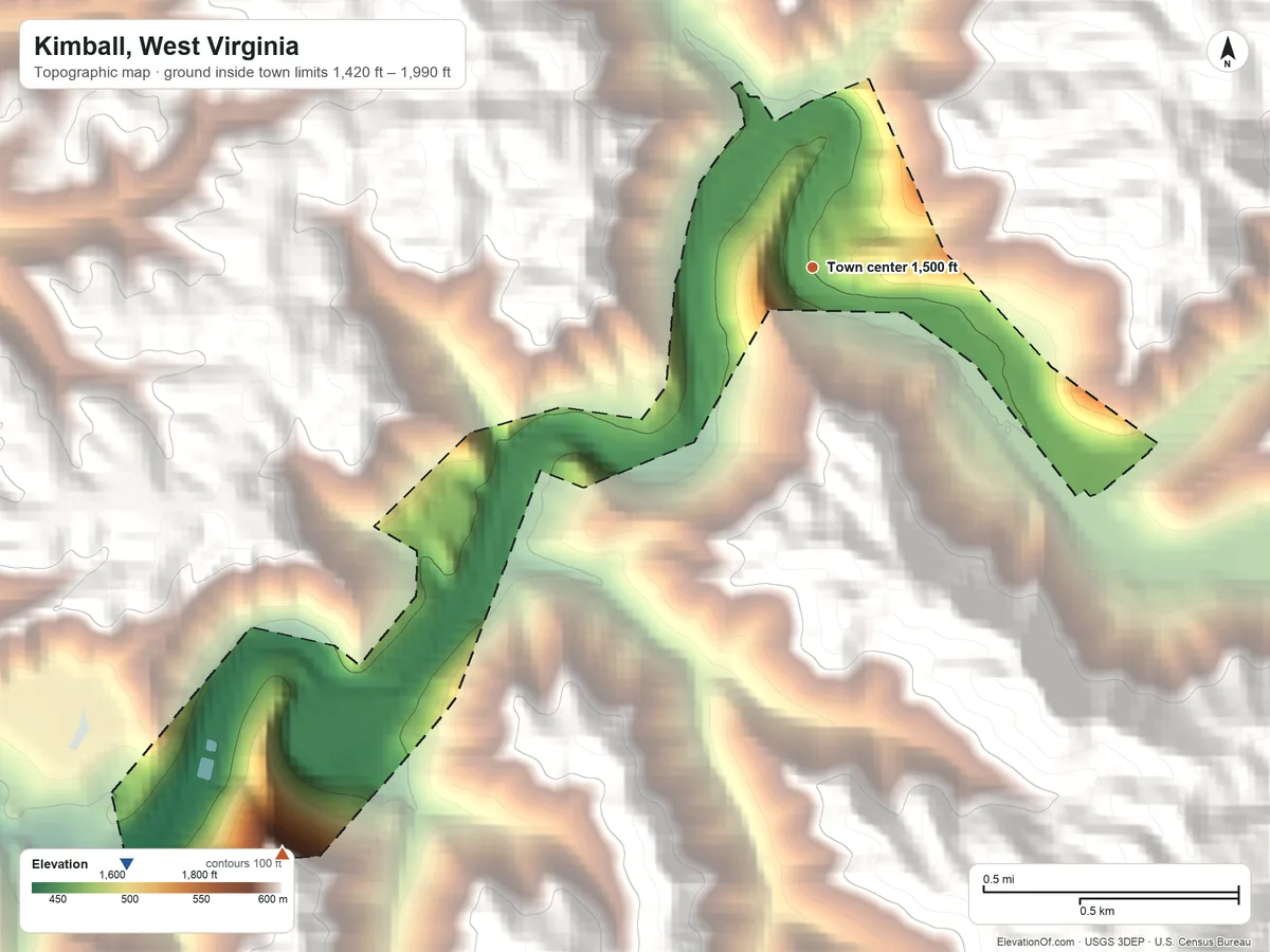 Topographic elevation map of Kimball, West Virginia, shaded from 1,420 ft on the southwest side to 1,990 ft on the southwest edge, below higher ground just outside