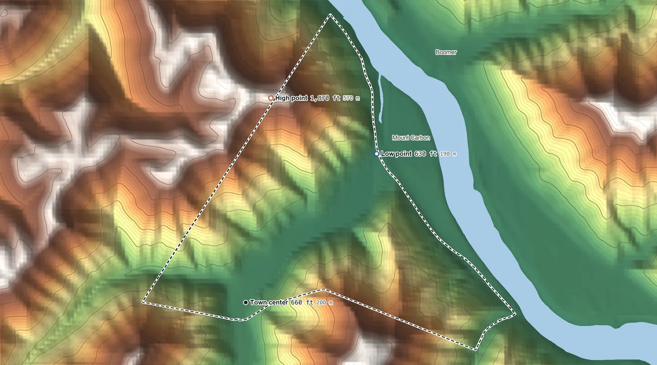Topographic elevation map of Kimberly, West Virginia, shaded from 630 ft on the northeast side to 1,870 ft on the north side