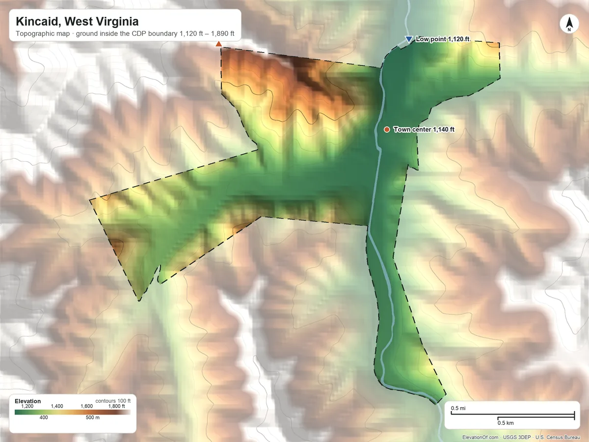 Topographic elevation map of Kincaid, West Virginia, shaded from 1,120 ft on the north side to 1,890 ft on the northwest edge, below higher ground just outside