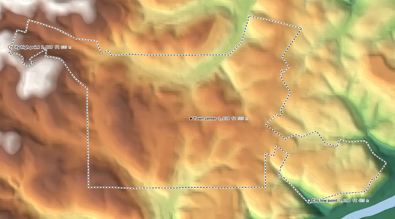 Topographic elevation map of Kingwood, West Virginia, shaded from 1,390 ft on the southeast side to 2,080 ft on the west side