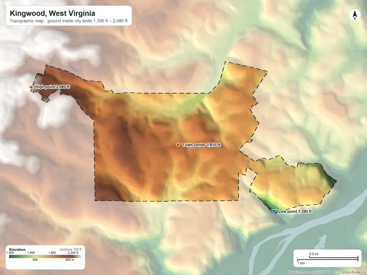 Topographic elevation map of Kingwood, West Virginia, shaded from 1,390 ft on the southeast side to 2,080 ft on the west side
