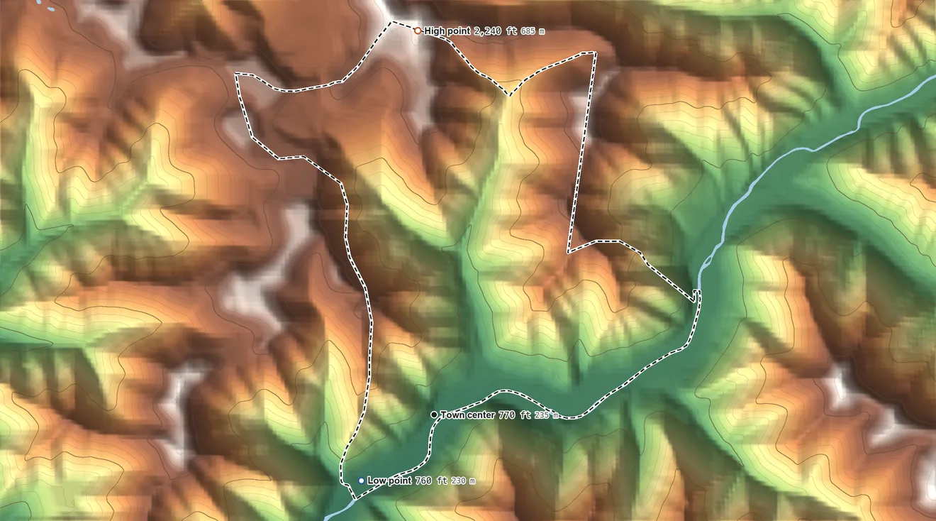 Topographic elevation map of Kistler, West Virginia, shaded from 760 ft on the southwest side to 2,240 ft on the north side