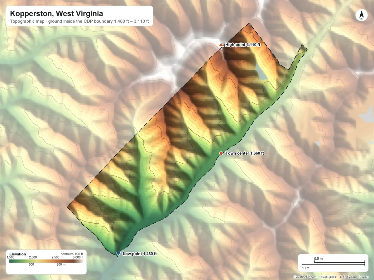 Topographic elevation map of Kopperston, West Virginia, shaded from 1,480 ft on the southwest side to 3,110 ft on the north side