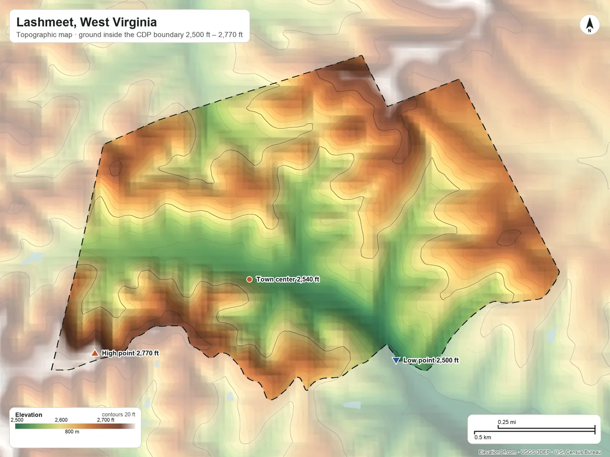Topographic elevation map of Lashmeet, West Virginia, shaded from 2,500 ft on the southeast side to 2,770 ft on the southwest edge, below higher ground just outside