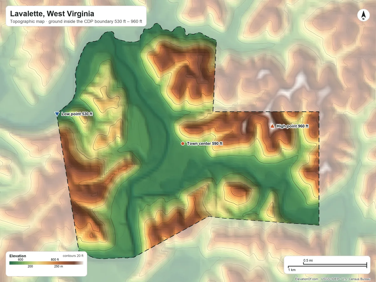 Topographic elevation map of Lavalette, West Virginia, shaded from 530 ft on the west side to 960 ft on the east side