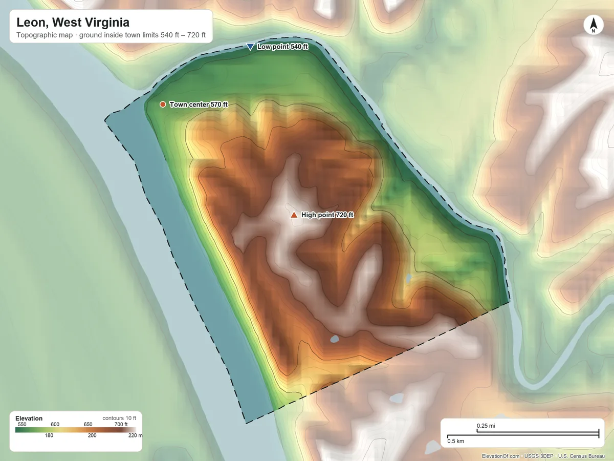 Topographic elevation map of Leon, West Virginia, shaded from 540 ft on the northeast side to 720 ft on the southeast side