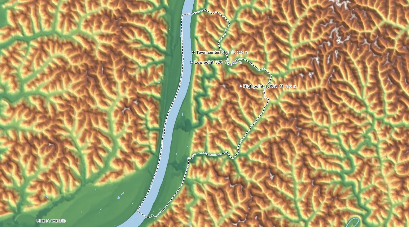 Topographic elevation map of Lesage, West Virginia, shaded from 520 ft near the middle to 1,000 ft on the southeast side
