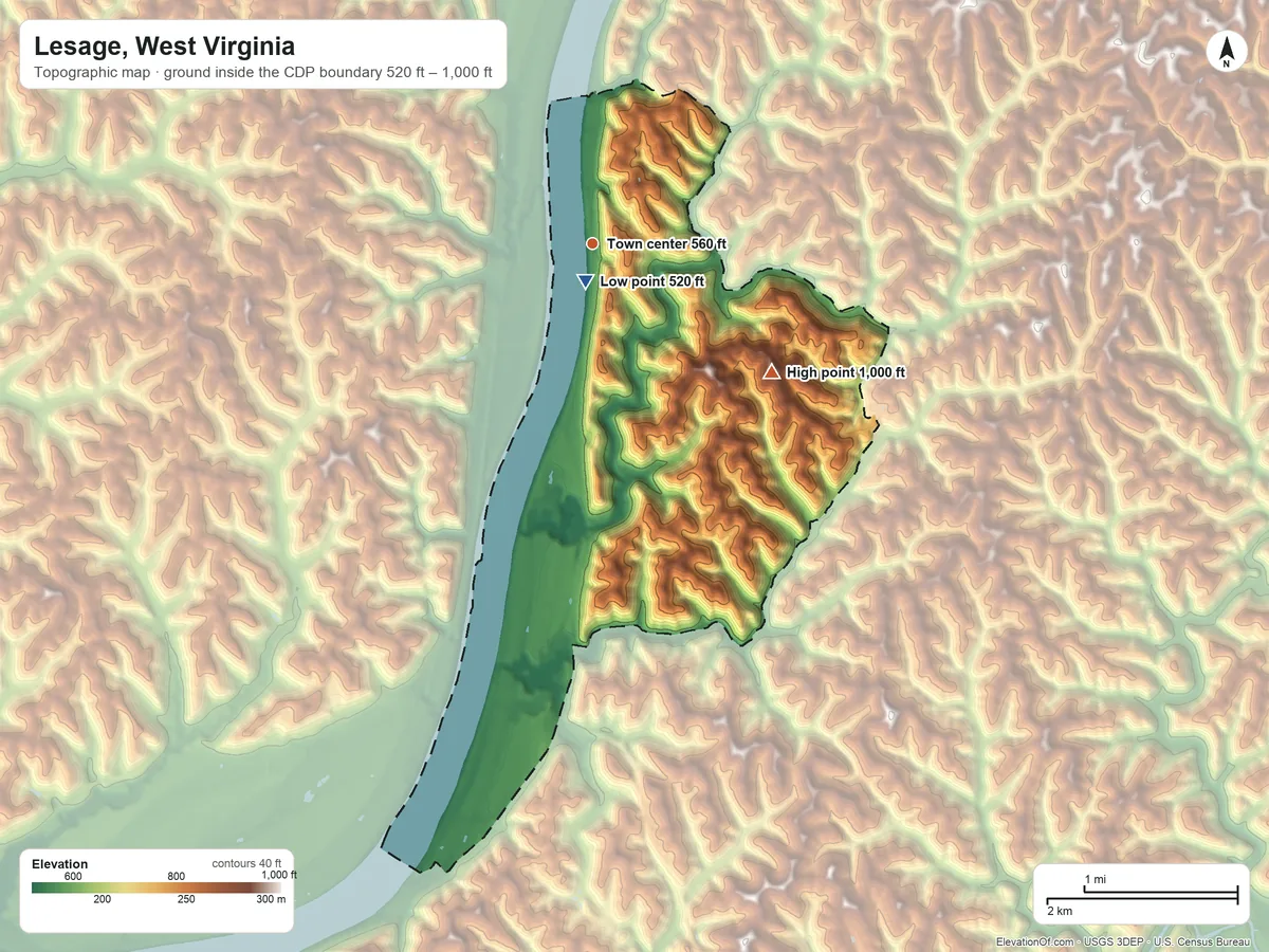 Topographic elevation map of Lesage, West Virginia, shaded from 520 ft near the middle to 1,000 ft on the southeast side