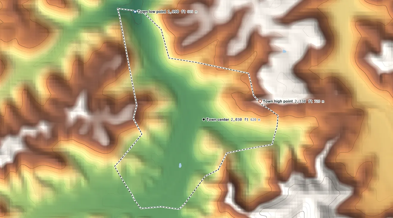 Topographic elevation map of Lester, West Virginia, shaded from 1,990 ft on the northwest side to 2,330 ft on the east side