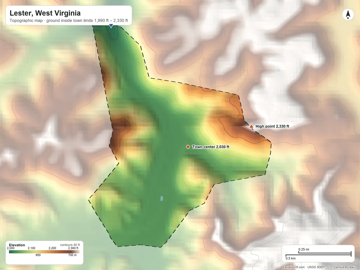 Topographic elevation map of Lester, West Virginia, shaded from 1,990 ft on the northwest side to 2,330 ft on the east side