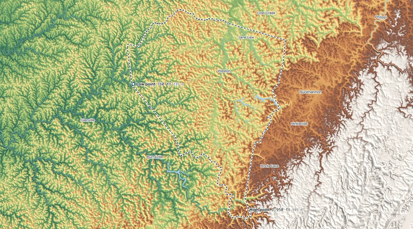 Topographic elevation map of Lewis County, West Virginia, shaded from 760 ft on the northwest side to 1,950 ft on the southeast side